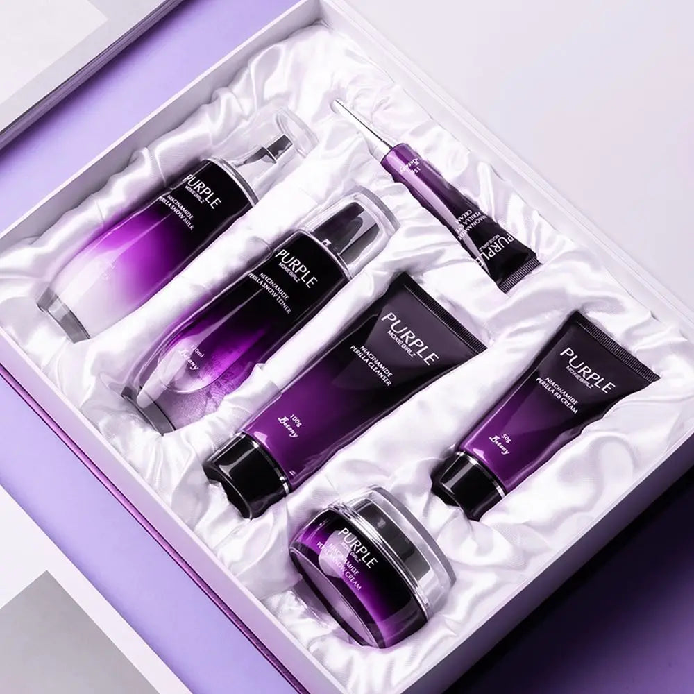 Set facial premium Purple Care con productos para rutina completa de hidratación y cuidado de la piel