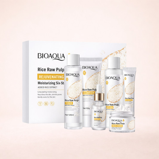 Kit skincare de arroz Bioaqua con cleanser toner esencia locion y crema para hidratacion y rejuvenecimiento facial