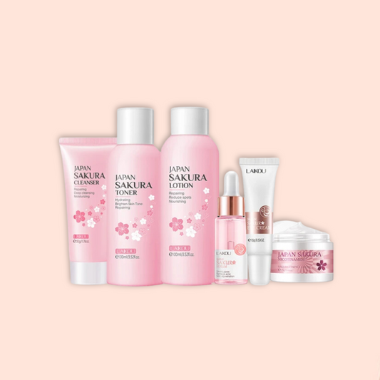 Kit skincare sakura con cleanser tónico sérum loción y crema para hidratación y luminosidad facial