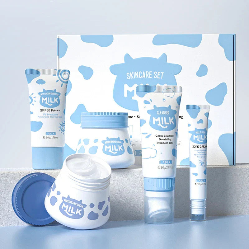 Set de cuidado facial hidratante Milk Bella Secreta con limpiador, crema y protector solar para una piel suave, luminosa y equilibrada