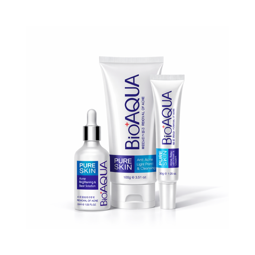 Kit Bioaqua Pure Skin para limpieza profunda del rostro. Ayuda a controlar la oleosidad, reducir espinillas y mejorar la textura de la piel.